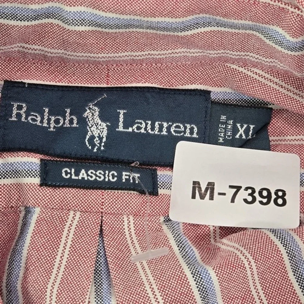 VINTAGE Ralph Lauren Men Button Up Shirt M Red Striped Logo Embroidered Collar‎